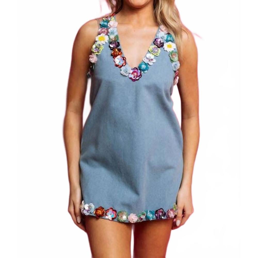 NEW QUEEN OF SPARKLES floral trim tank dress in denim